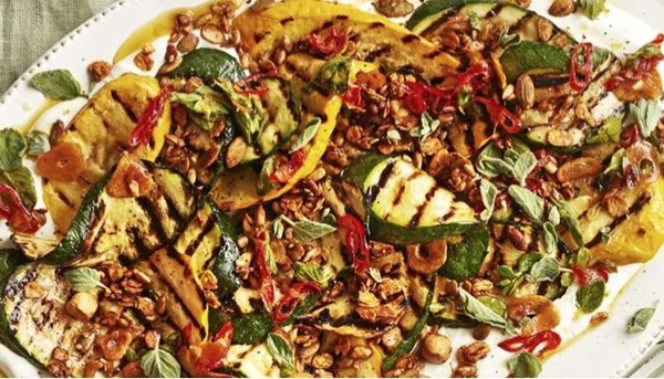 BBQ courgettes with labneh and savoury granola