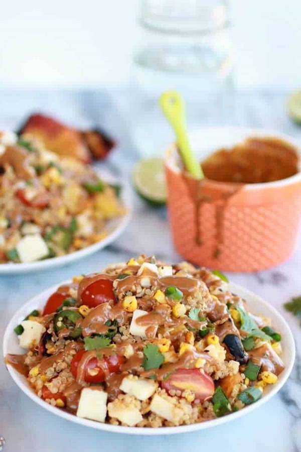 BBQ grilled corn, jalapeño and peach quinoa salad
