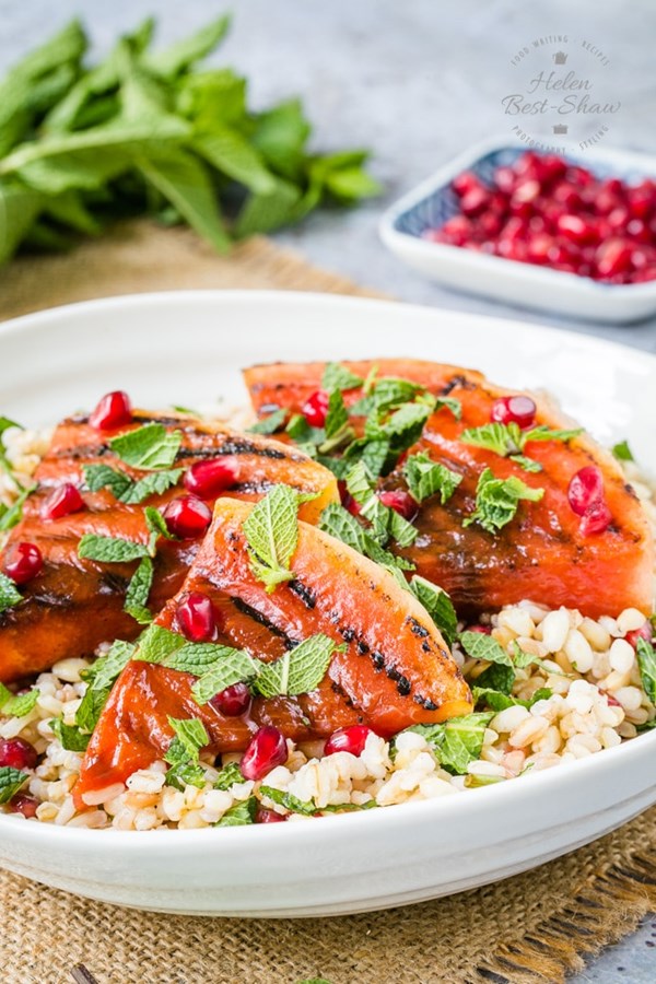 BBQ grilled watermelon and mixed grain salad