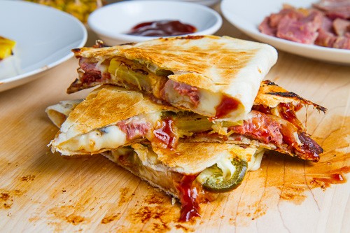 BBQ ham, bacon and pineapple quesadillas (aka BBQ Hawaiian pizza quesadillas)