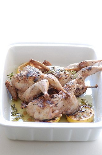 BBQ jumbo quail marinated with lemon, thyme & walnuts