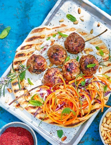 BBQ kofte with whipped feta and tahini slaw