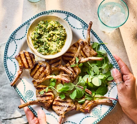BBQ lamb platter with olive and almond pesto