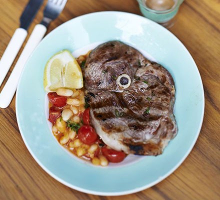 BBQ lamb steaks with garlicky white beans