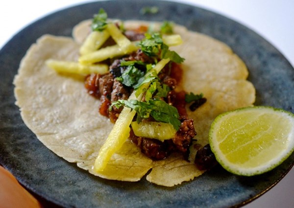 BBQ lamb tacos with pineapple pickle and chutney