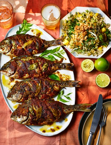 BBQ masala fish with a rice, mango and coconut salad