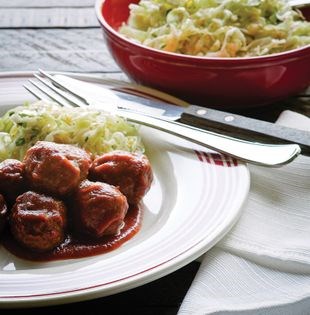 BBQ meatballs and sesame coleslaw