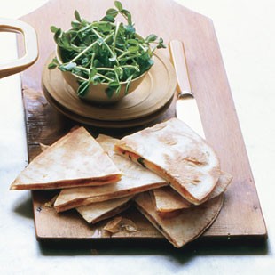 BBQ onion and smoked Gouda quesadillas with pea shoot mini salad