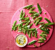 BBQ peas with pistachio dukkah & preserved lemon & mint yogurt