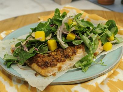 BBQ potato chip-crusted salmon with watercress salad