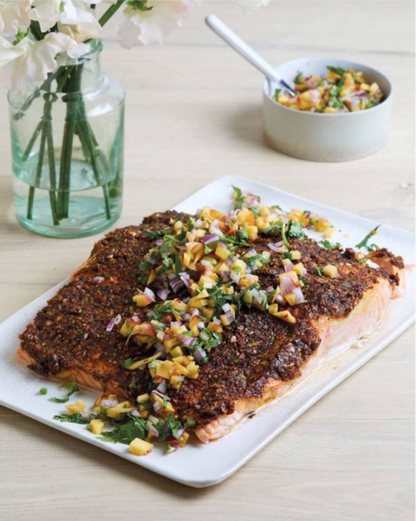 BBQ potato chip-crusted salmon with peach salsa