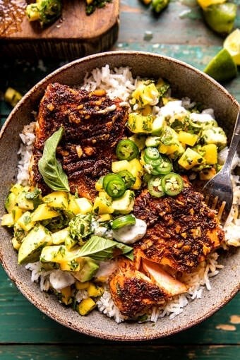 BBQ salmon bowls with mango jalapeño sauce