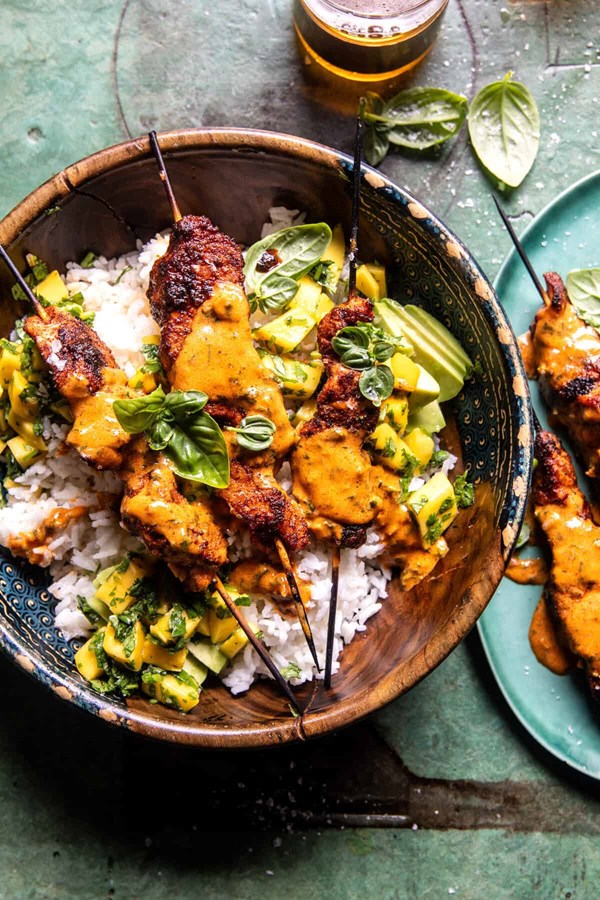 BBQ salmon curry with mango avocado salsa
