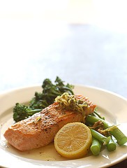 BBQ salmon with broccolini & rosemary anchovy sauce