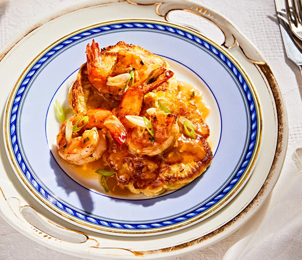 BBQ shrimp with shrimp calas griddlecakes