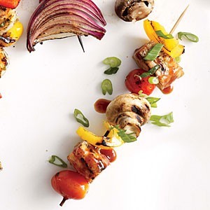 BBQ tempeh and mushroom kebabs