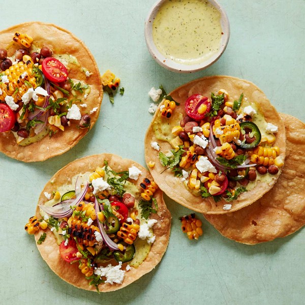Bean and charred corn tostada with jalapeño aïoli