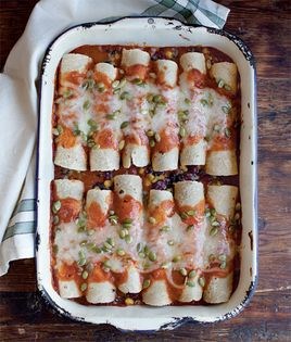 Bean and corn enchiladas with red chile sauce