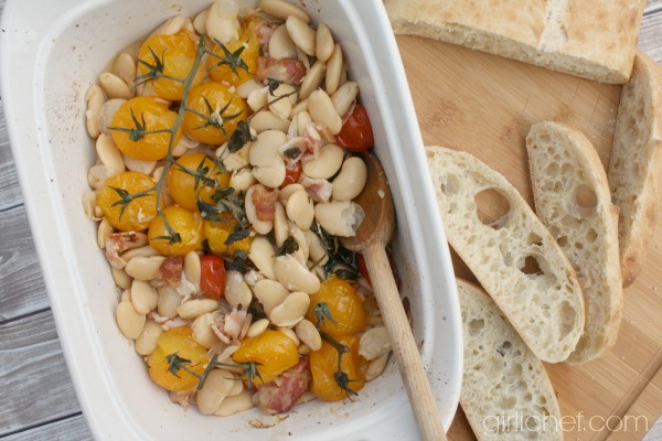 Bean, bacon, and tomato bake