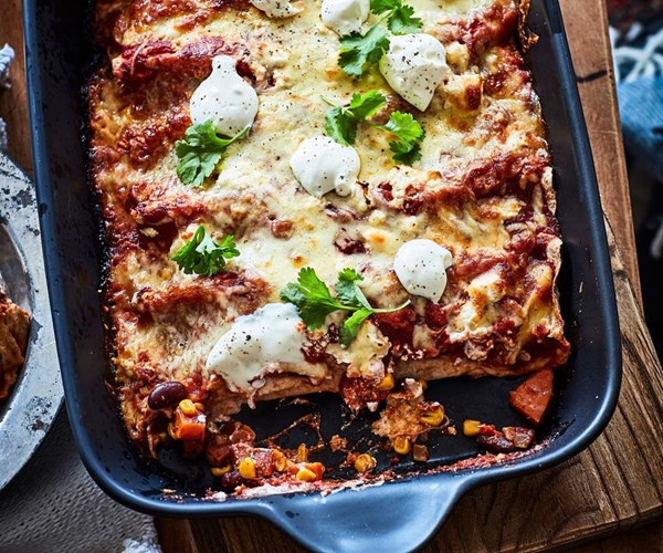 Bean, corn & kumara enchiladas