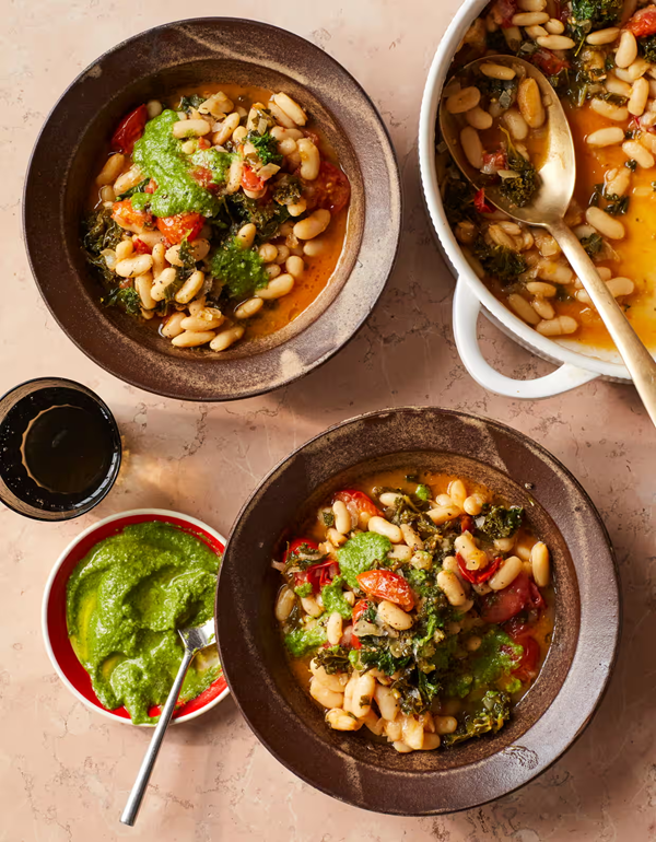 Bean, kale and tomato cassoulet with mint pesto