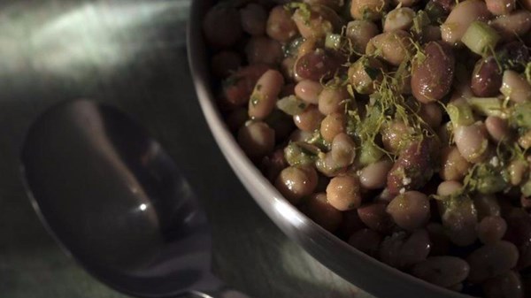 Bean salad with celery leaf pesto