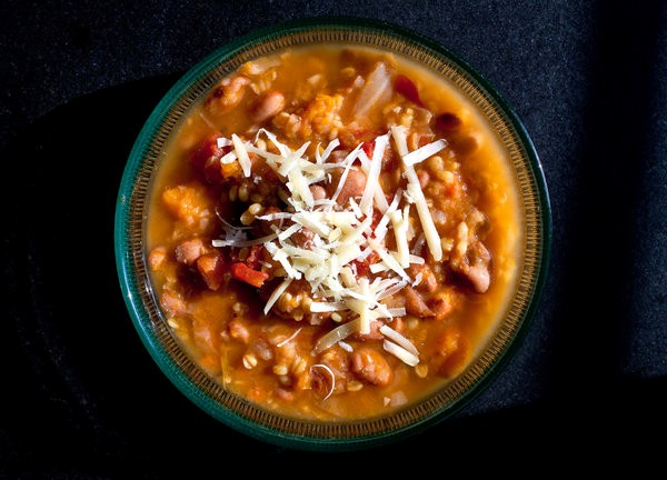 Bean soup with cabbage, winter squash and farro