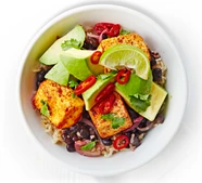 Bean, tofu & avocado rice bowl
