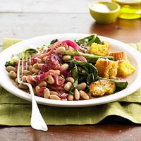 Beans and greens with corn bread croutons