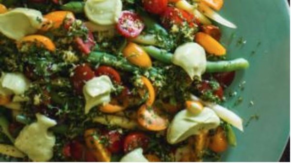 Beans and tomato salad with tarragon gremolata and avocado dressing