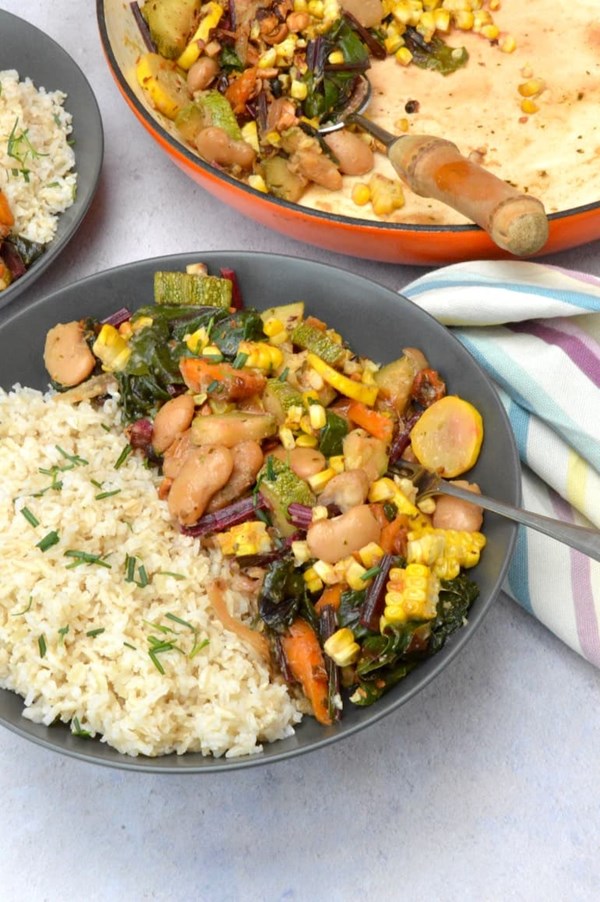 Beans, courgettes and sweetcorn with roasted hazelnuts