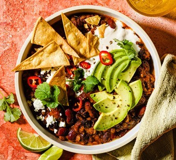 Beany beef chilli stew with crunchy tortilla croutons