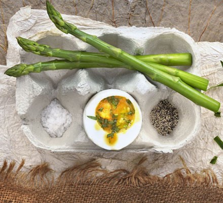 Béarnaise duck eggs with asparagus dippers