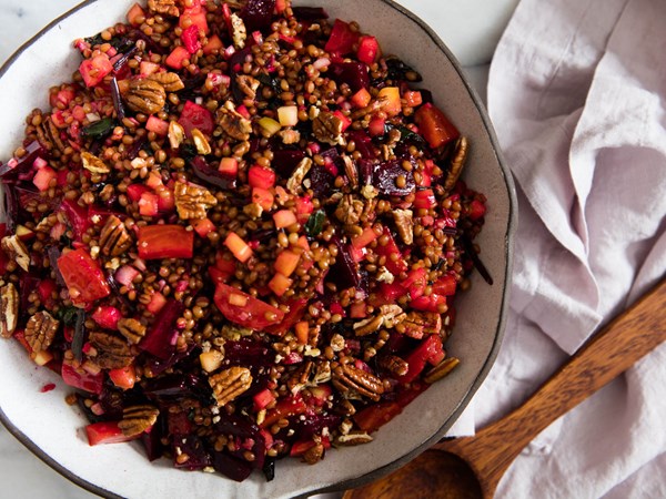 Beat and wheat berry salad with pickled apples and pecans