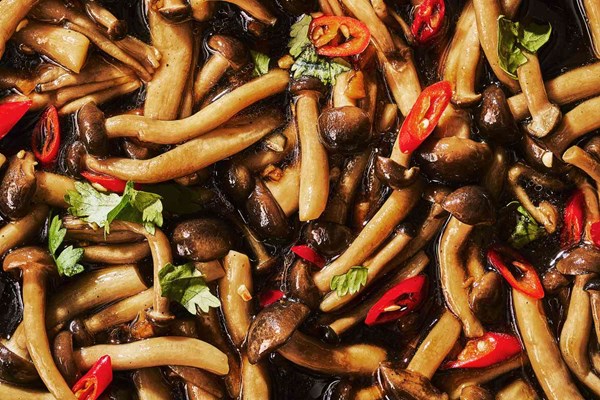 Beech mushroom salad with black vinegar and chiles