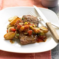 Beef & baby spuds with tomato-olive ragout