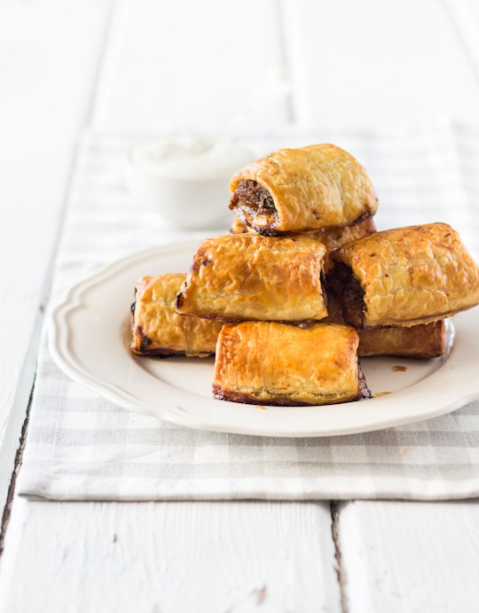 Beef & caramelised onion sausage rolls with blue cheese dipping sauce