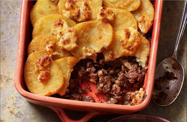Beef & mushroom hot pot with crunchy truffled potato top