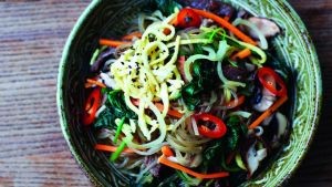 Beef & vegetables with sesame glass noodles (Japchae)