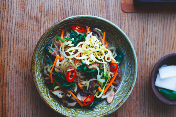 Beef & vegetables with sesame glass noodles (Japchae)