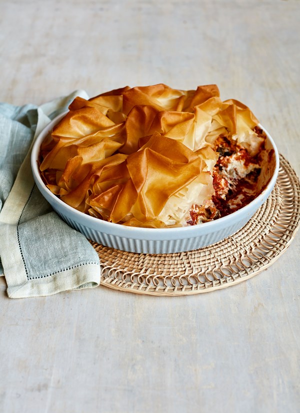 Beef and aubergine crunchy top filo pie