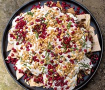 Beef and aubergine fatteh