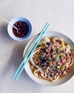 Beef and bacon noodle soup