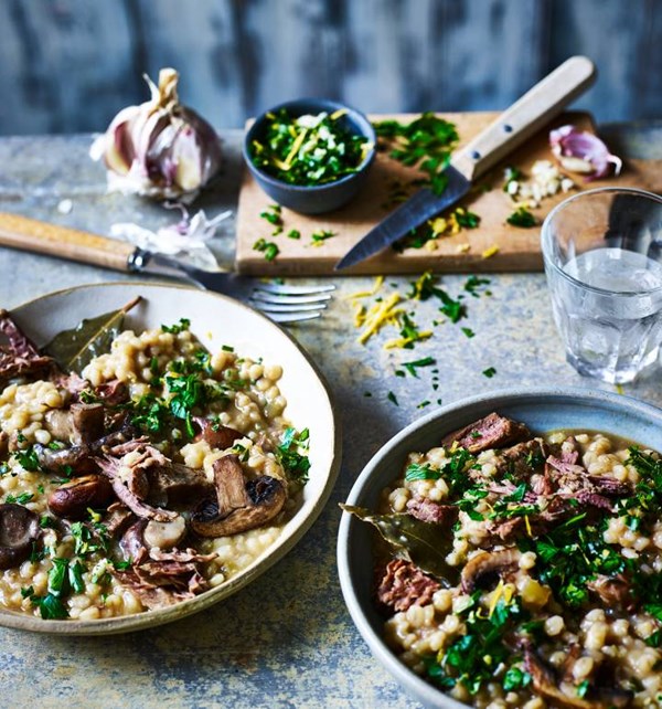 Beef and barley one-pot with zesty gremolata