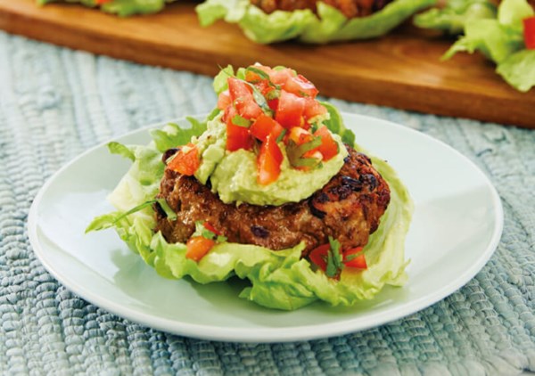 Beef and bean lettuce burgers with avocado smash