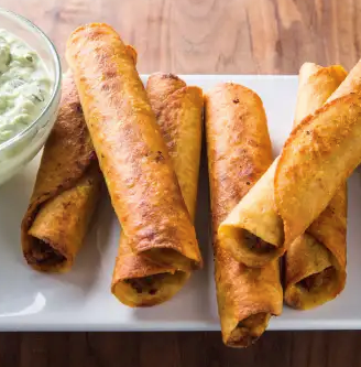 Beef and bean taquitos with avocado sauce