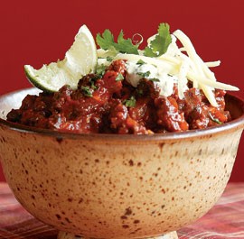 Beef and black bean chili with cilantro-lime sour cream