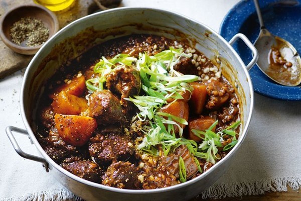 Beef and black pepper stew with toasted pearl barley