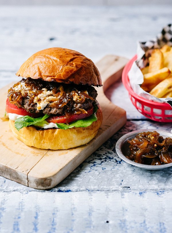 Beef and blue cheese burgers with pomegranate glazed onions