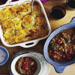 Beef and cherry tomato casserole with pumpkin and potato gratin